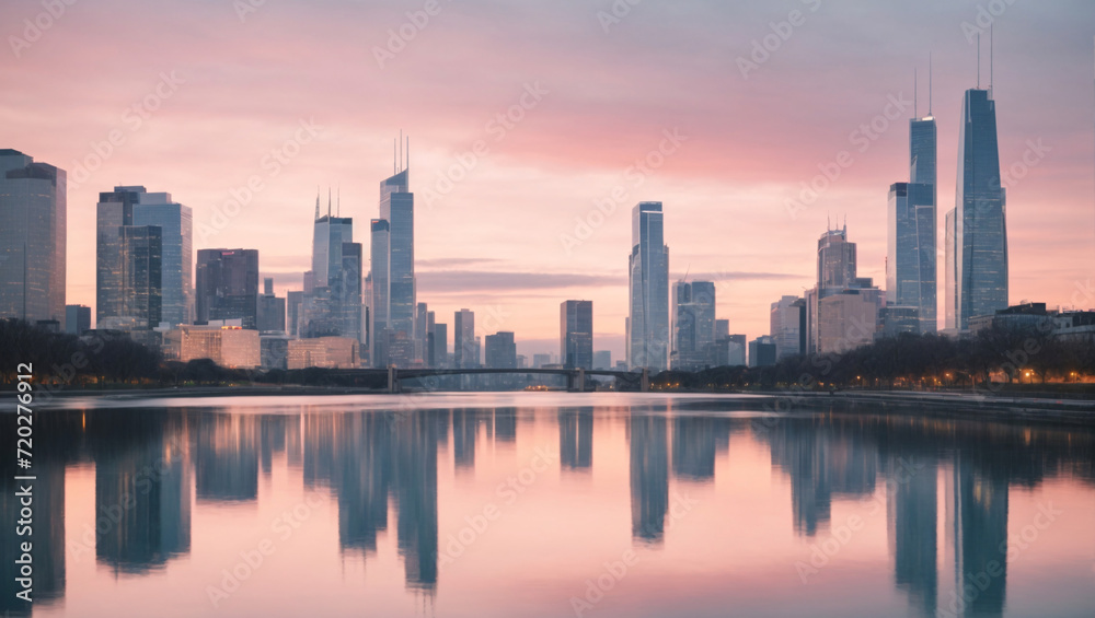 A modern city skyline at twilight, featuring distorted reflections of office towers and streetlights against a pastel sky, rendered in soft hues to create a tranquil and romantic urban scene.