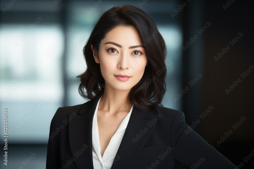 Portrait of young confident businesswoman ceo standing in office.  Positive successful female entrepreneur wearing suit posing with arms crossed. Concept of successful businesswoman. 