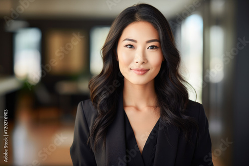 Portrait of young confident businesswoman ceo standing in office.  Positive successful female entrepreneur wearing suit posing with arms crossed. Concept of successful businesswoman. 