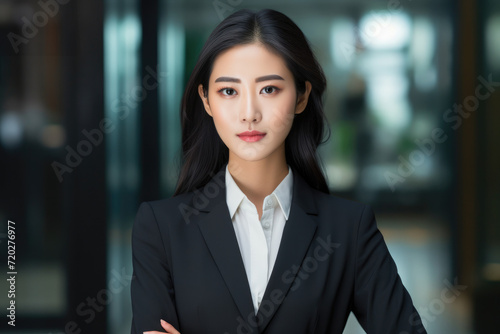 Portrait of young confident businesswoman ceo standing in office. Positive successful female entrepreneur wearing suit posing with arms crossed. Concept of successful businesswoman. 