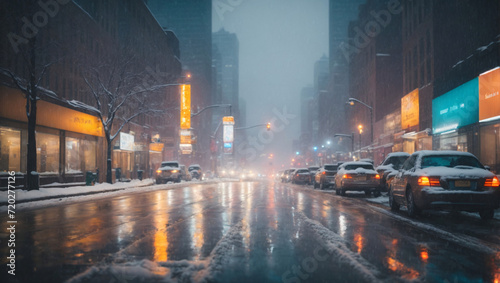 A modern city skyline during a snowfall  showcasing abstract reflections of city lights on snow-covered buildings and streets  rendered in a cool and serene color palette.
