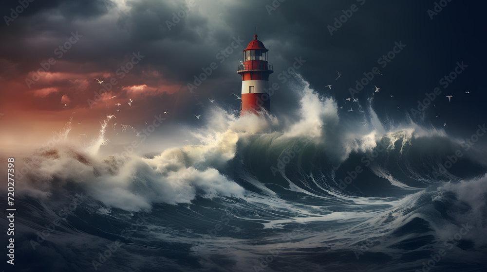 Lighthouse sea waves rain storm. Neural network AI generated