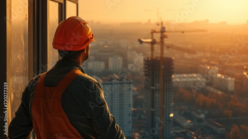 A man in an orange helmet looks at the city