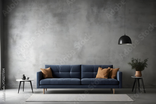 Dark blue sofa with pillows against a concrete gray wall. Scandinavian loft interior design of modern living room in minimalist studio apartment
