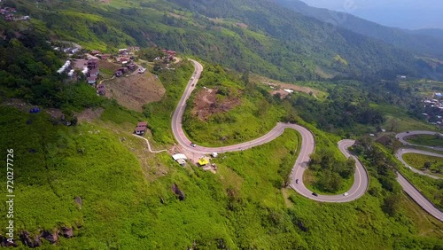 4K video Top view Aerial photo from flying drone over Mountains and winding road mountain paths exciting steep at Phu Thap Boek ,Phetchabun Province,Thailand,ASIA. photo