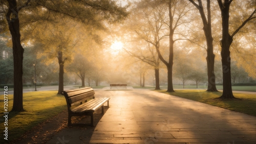 A serene city park at dawn, showcasing abstract reflections of early morning sunlight on trees and park benches, rendered in muted tones to create a tranquil and contemplative urban oasis.