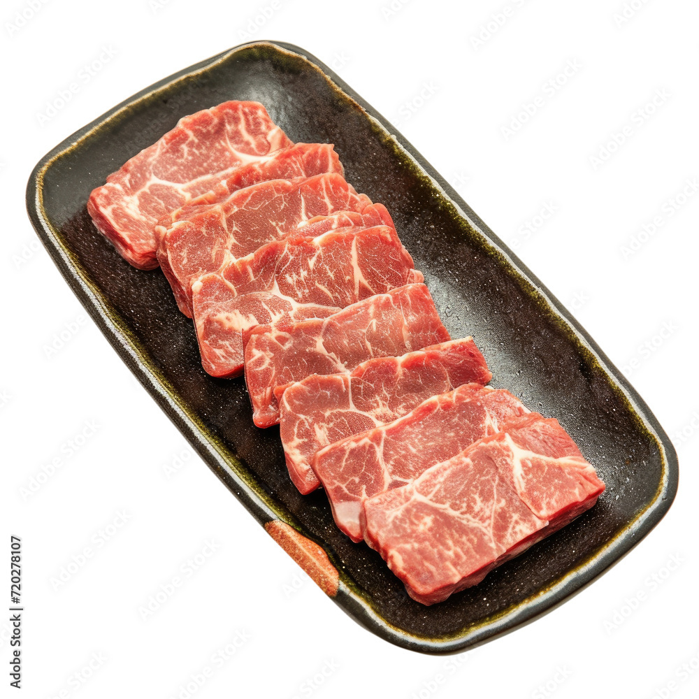 Premium Rare Slices Wagyu beef with high-marbled texture on plate, Transparent background