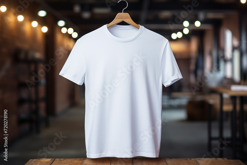 Blank White T-Shirt Mock-up on wooden hanger