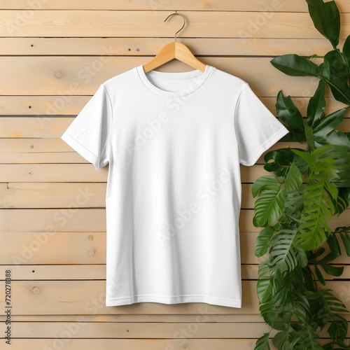 Blank White T-Shirt Mock-up on wooden hanger