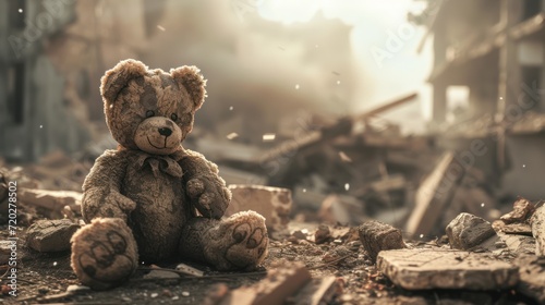 kids teddy bear toy over city burned destruction of an aftermath war conflict, earthquake or fire and smoke of world war against children