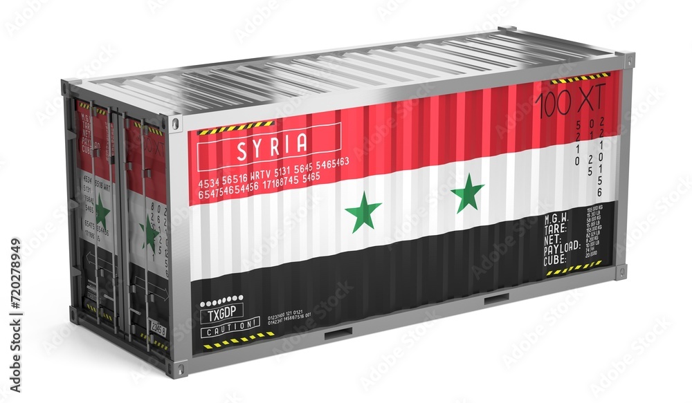 Freight shipping container with national flag of Syria on white background - 3D illustration