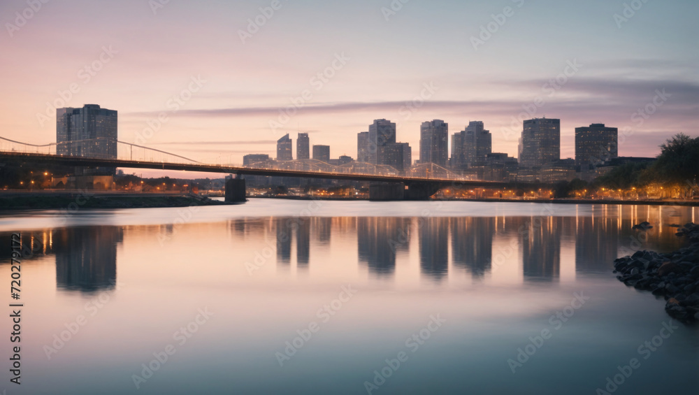 A tranquil urban riverfront scene at twilight, with abstract reflections of city lights on the water and distant bridges, rendered in a soft and dreamy color palette.