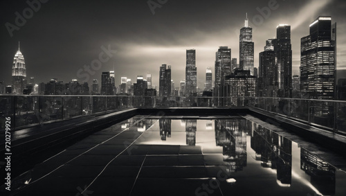 An urban rooftop panorama with abstract reflections of skyscrapers and city lights  portrayed in a monochromatic color scheme to emphasize the sophistication and allure of the cityscape.
