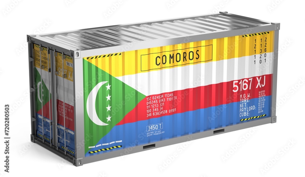 Freight shipping container with national flag of Comoros on white background - 3D illustration