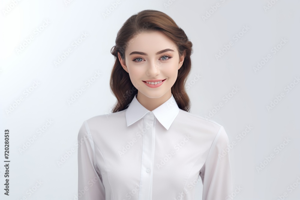 A confident woman in a perfect white shirt, radiating friendliness with a warm smile against a clean white backdrop. Generative AI. A confident woman in a perfect white shirt, radiating friendliness with a warm smile against a clean white backdrop. Generative AI.