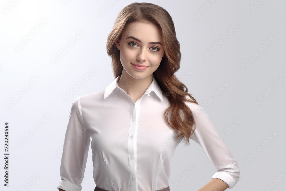 A confident woman in a perfect white shirt, radiating friendliness with a warm smile against a clean white backdrop. Generative AI. A confident woman in a perfect white shirt, radiating friendliness with a warm smile against a clean white backdrop. Generative AI.
