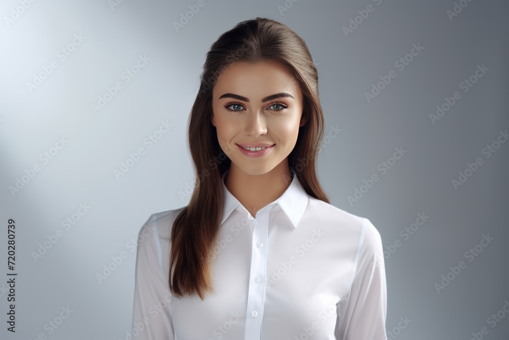 a modern woman dons a crisp white shirt, exuding confidence and warmth with a charming smile against a neutral white canvas. Generative AI. a modern woman dons a crisp white shirt, exuding confidence and warmth with a charming smile against a neutral white canvas. Generative AI.