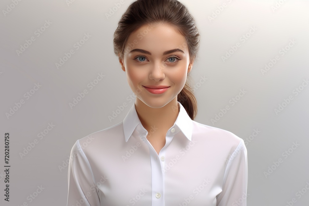 Obraz premium a modern woman dons a crisp white shirt, exuding confidence and warmth with a charming smile against a neutral white canvas. Generative AI.