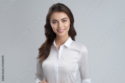 a modern woman dons a crisp white shirt, exuding confidence and warmth with a charming smile against a neutral white canvas. Generative AI.