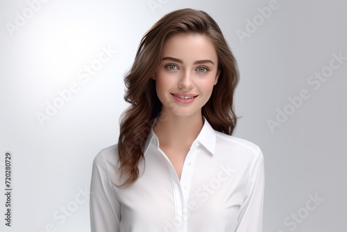 a modern woman dons a crisp white shirt, exuding confidence and warmth with a charming smile against a neutral white canvas. Generative AI.
