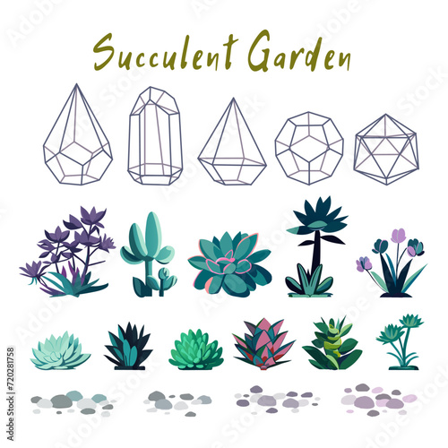 Set of beautiful succulents in cartoon style. Vector illustration of pots with succulents and cacti, aloe vera, stones isolated on a white background. Ideal for stickers, greetings design.