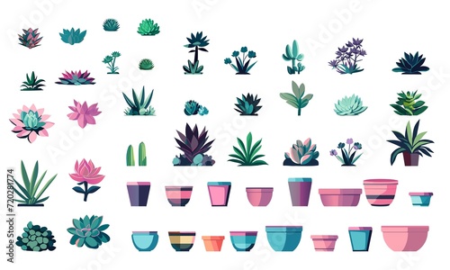 Set of beautiful succulents in cartoon style. Vector illustration of pots with succulents and cacti, aloe vera, stones isolated on a white background. Ideal for stickers, greetings design.
