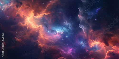 Colorful space galaxy cloud nebula with fluid organic forms in light crimson and light azure. This starry night cosmos supernova background wallpaper showcases a realistic fantasy artwork. © jex