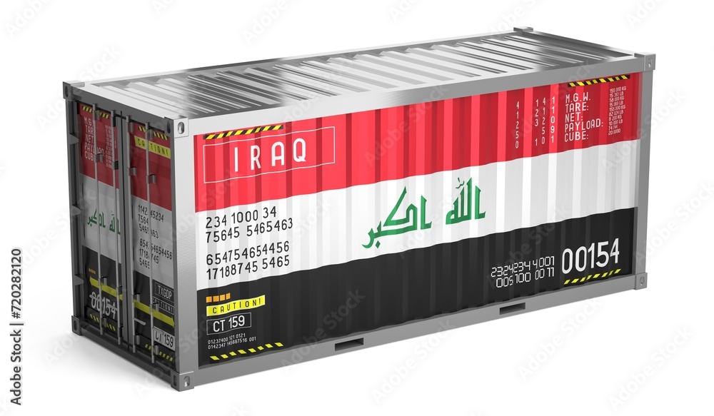 Freight shipping container with national flag of Iraq on white background - 3D illustration