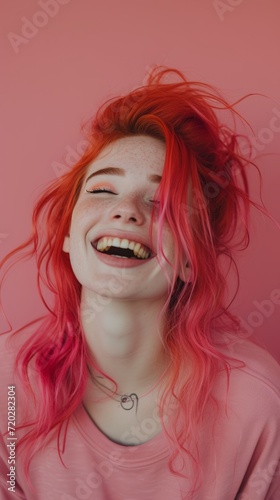 Woman Smiling with Red Hair on Pink Background - Playful Energetic Happy Cute Female Wallpaper created with Generative AI Technology