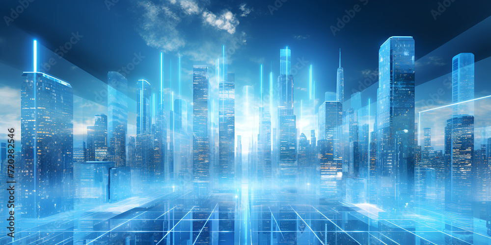 Blue Outline Digital City Buildings, A city with a blue screen that says'smart city, A cityscape with a blue background and the word data on it, Futuristic Trade Data Analysis Graph,  Generative AI
