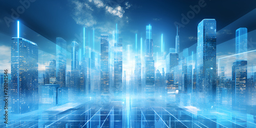 Blue Outline Digital City Buildings, A city with a blue screen that says'smart city, A cityscape with a blue background and the word data on it, Futuristic Trade Data Analysis Graph, Generative AI 