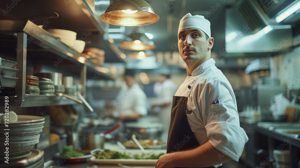 Handsome Chef cook in uniform checking the order at the restaurant kitchen Handsome Chef cook in uniform checking the order at the restaurant kitchen