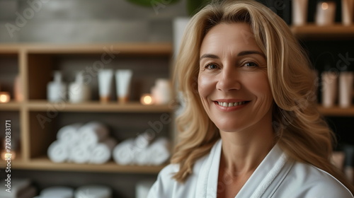 Happy smiling gorgeous middle aged woman wearing bathrobe touching face looking at window. Advertising of skin care spa wellness salon procedures concept. Closeup portrait