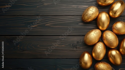 Golden eggs on a dark wooden background. The minimal concept. An Easter card with a copy of the place for the text.