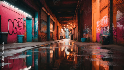 An abstract city alley with reflections of street art and graffiti, captured in a vibrant and eclectic color scheme to convey the urban energy and creativity of a bohemian district.