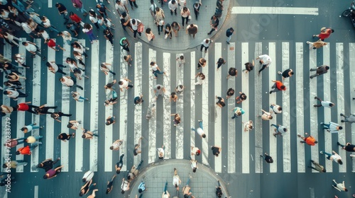 Aerial. Pedestrians on a zebra crosswalk. Top view photo