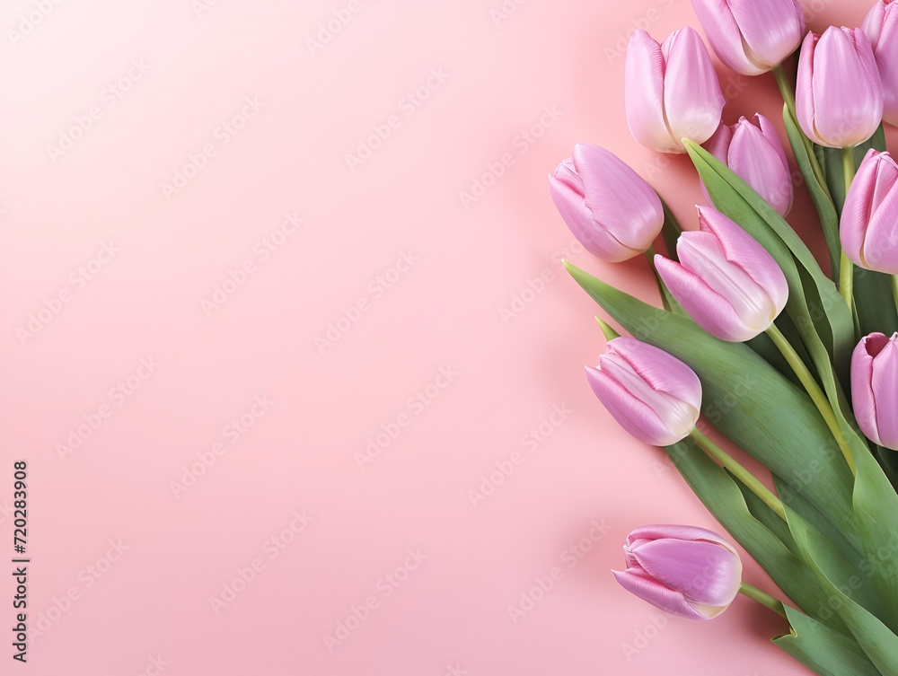 springtime banner with pink tulips bouquet on a pink background. Copy space for text, top view springtime banner with pink tulips bouquet on a pink background. Copy space for text, top view