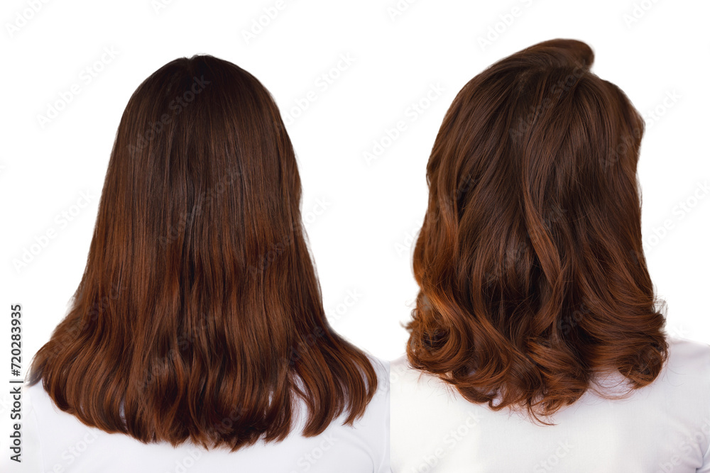 Closeup before after hairstyle straight and wavy curly iron curled caucasian brunette hair back view isolated on white background. Concept shampoo haircare natural beauty, wedding style Closeup before after hairstyle straight and wavy curly iron curled caucasian brunette hair back view isolated on white background. Concept shampoo haircare natural beauty, wedding style