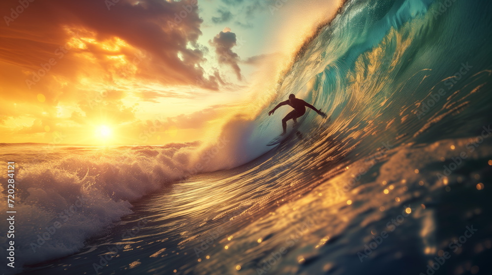 Surfing at Sunset. Young Man Riding Wave at Sunset. Outdoor Active Lifestyle - obrazy, fototapety, plakaty 