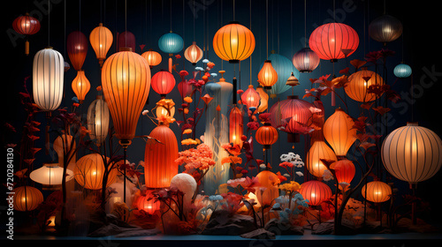 A modern 3D render featuring an abstract arrangement of lanterns photo