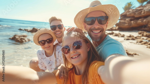 Happy family spending good time at the beach together  taking selfie
