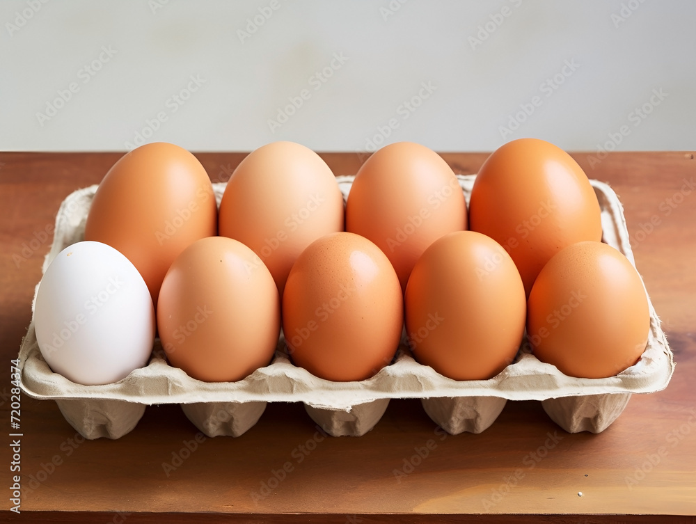 Close-up of raw chicken eggs in an eggbox on a wooden table Close-up of raw chicken eggs in an eggbox on a wooden table