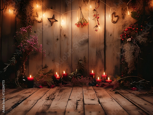 brown witchy wooden interior with candle and dried herbs with a place to copy photo