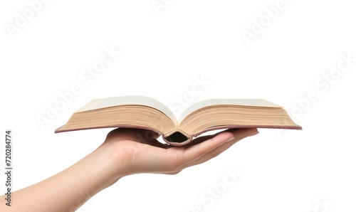 a hand carrying an open book to read. copy space, white background, illustration for school exam announcements,  © Pumapala