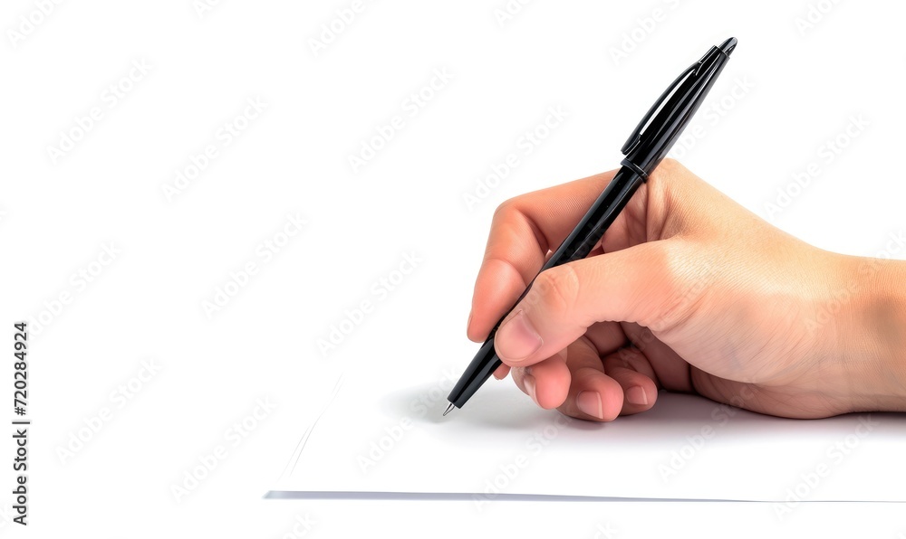 a hand writes with a ballpoint pen. white background a hand writes with a ballpoint pen. white background