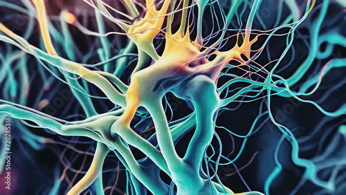 Dark body neuron with glowing branches on dark background - 3d rendering of neuron cell image on black background. Conceptual medical image. Luminous synapse. Health care concept. Neural networks.