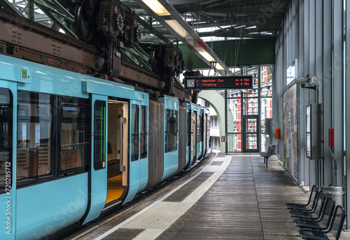 Station of Wuppertal Schwebebahn cable car (electric elevated suspension monorail). North Rhine-Westphalia, Germany