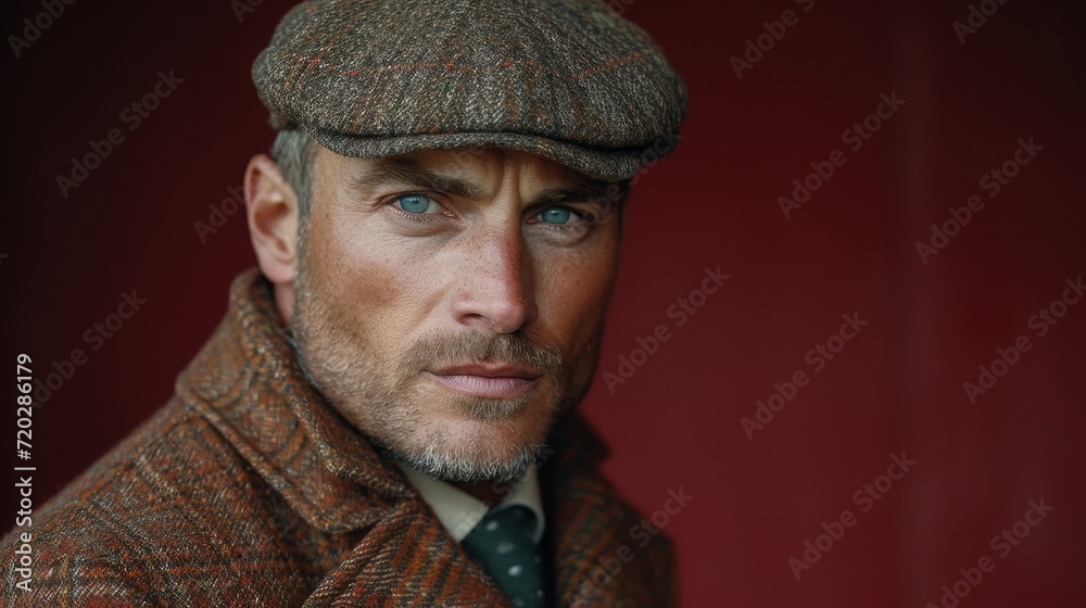 Man in Tweed Jacket and Flat Cap on Dark Maroon Background Generative AI Man in Tweed Jacket and Flat Cap on Dark Maroon Background Generative AI