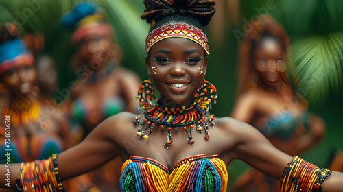 African girl in bright attire dances for Black History Month