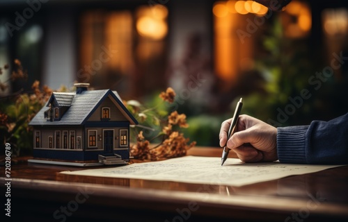 Hand writes note next to house, home loan paperwork image